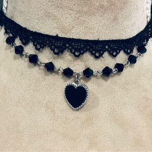 Momento Mori Black Heart bead & lace goth Choker Necklace